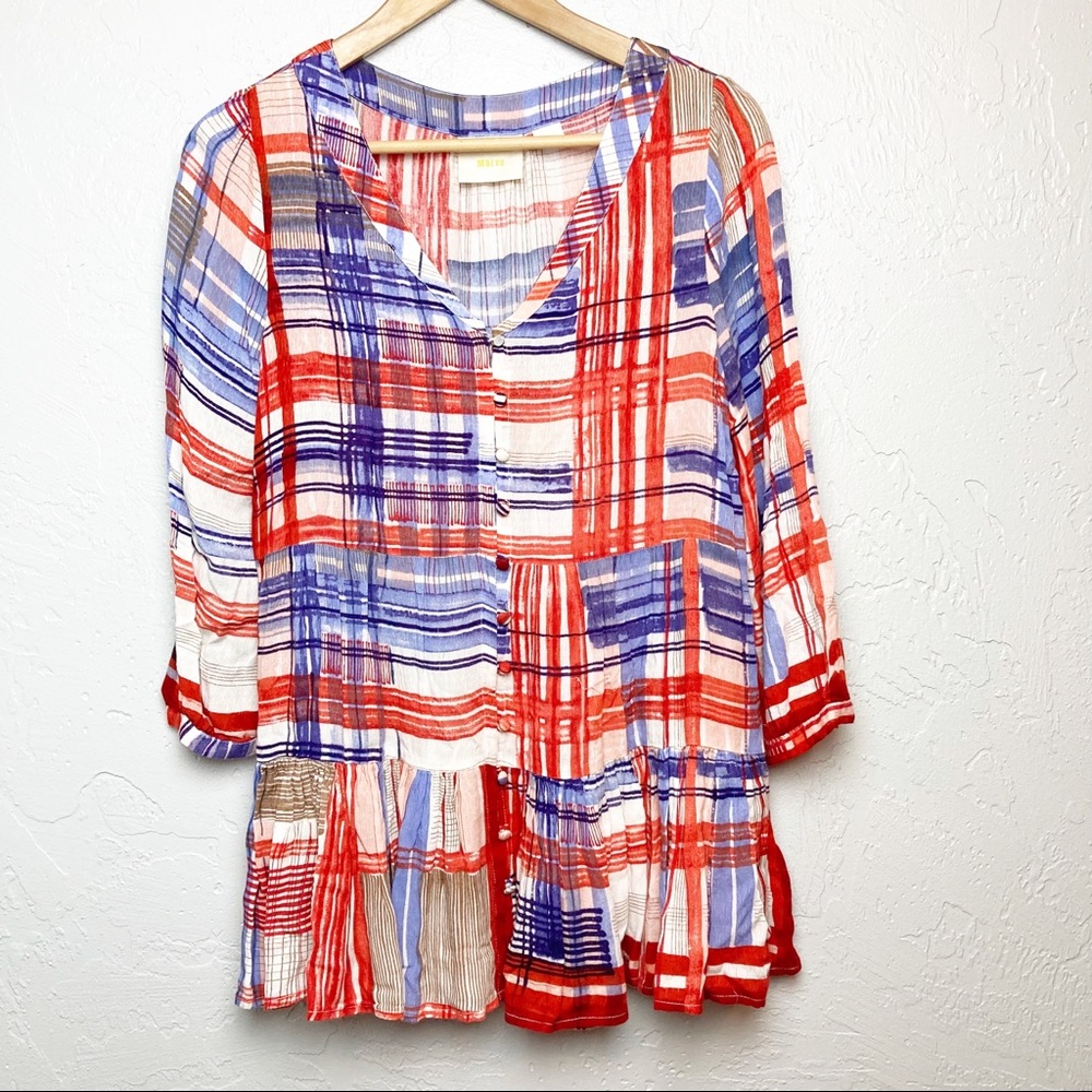 Anthro Maeve Lila Tiered Plaid Button Front Tunic